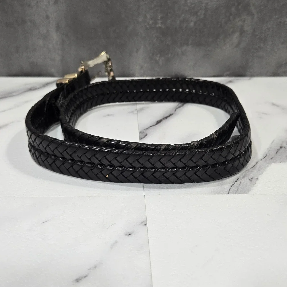 Vintage Brighton Woven Leather Belt Womens 34 Black Silver Ornate Buckle 97083
